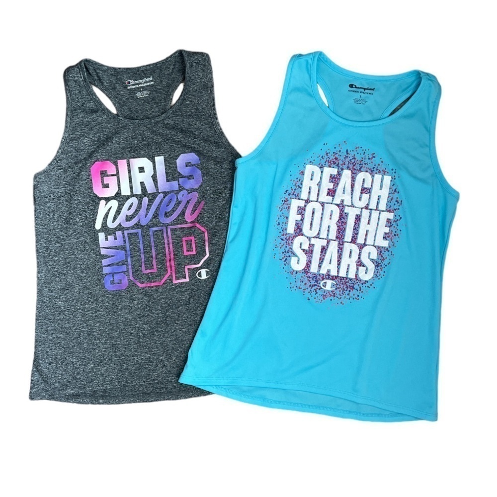 CHAMPION Girls Performance Racerback Tank Top Bundle Blue & Gray Sz Large